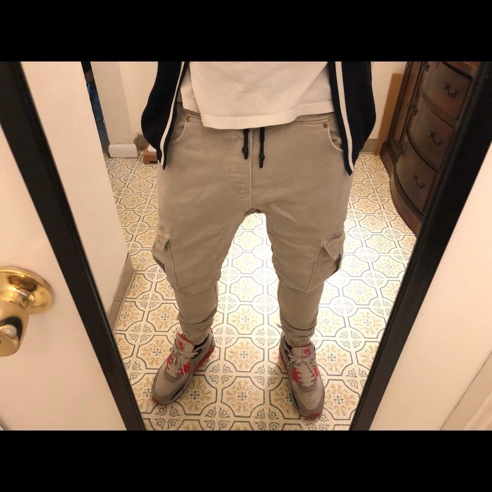 Zara Ripped Up Tan Olive Cargo Joggers